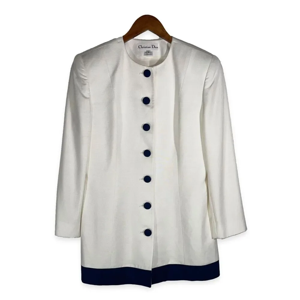Vintage Christian Dior Blazer Cream Navy Button Minimalist 90s Jacket Size 10